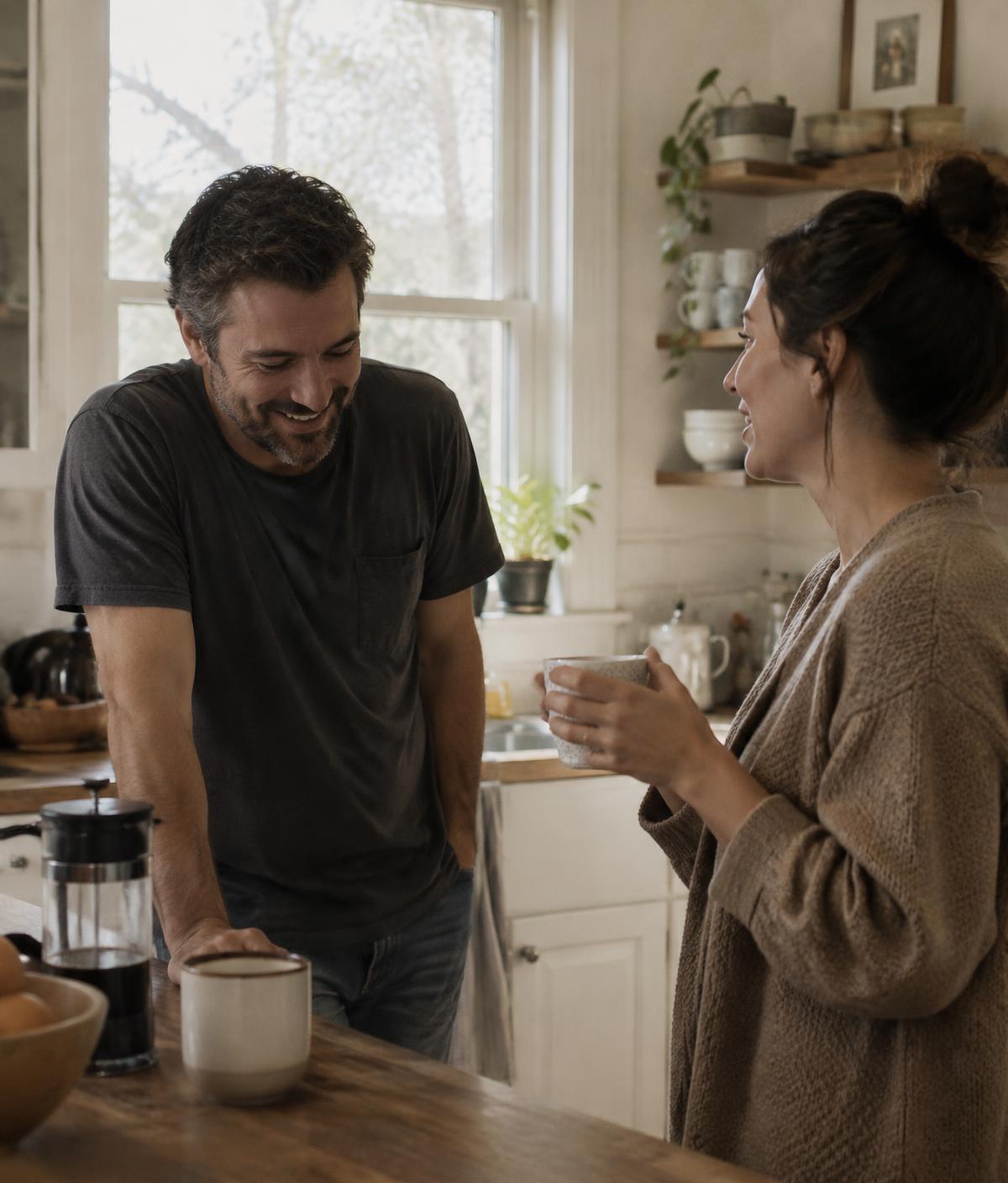 A couple in their forties sharing a relaxed laugh over coffee in their kitchen