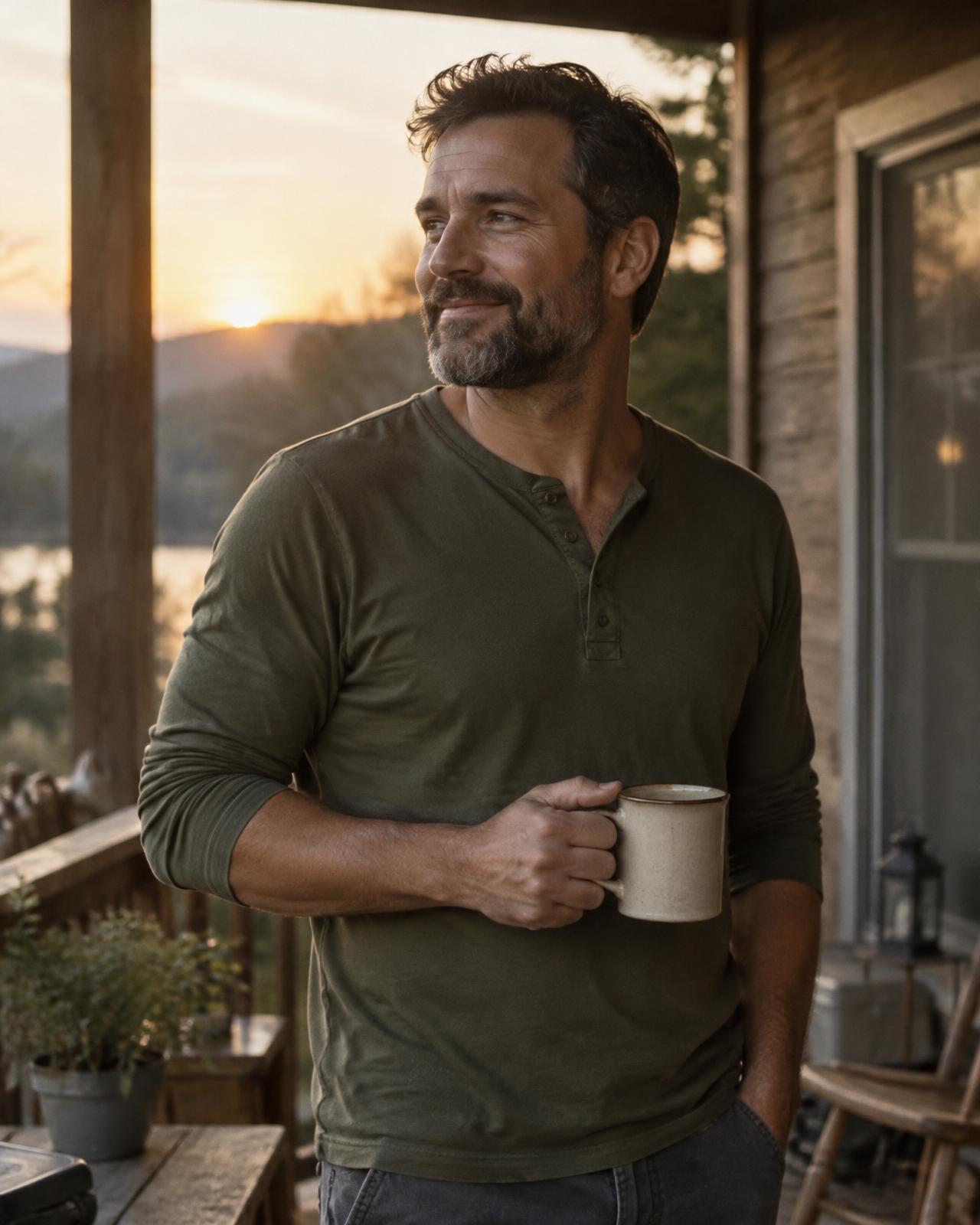 A man in his forties on a porch at sunset, holding a coffee mug and smiling to himself